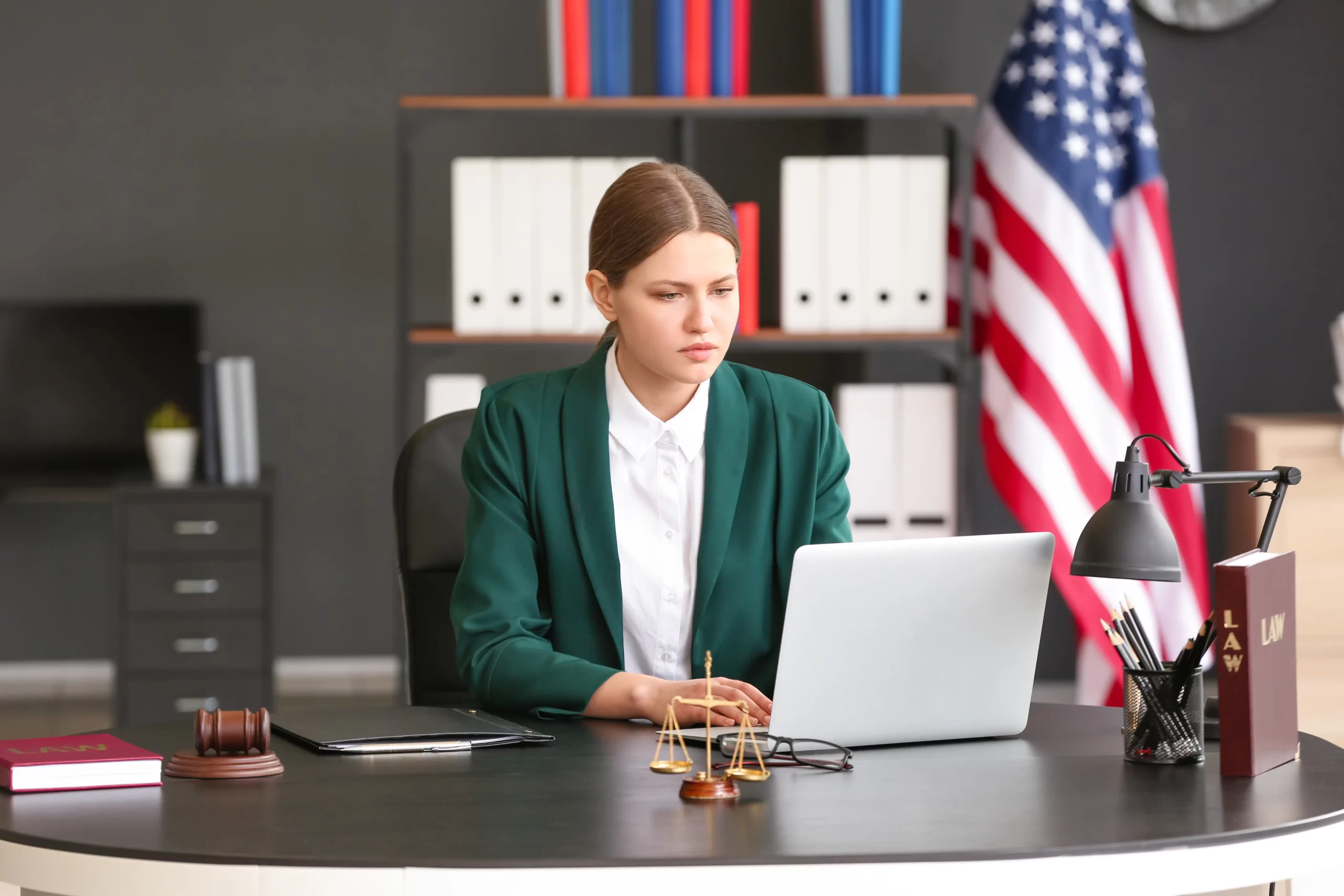 Female judge working at table in office maids my way belleville illinois