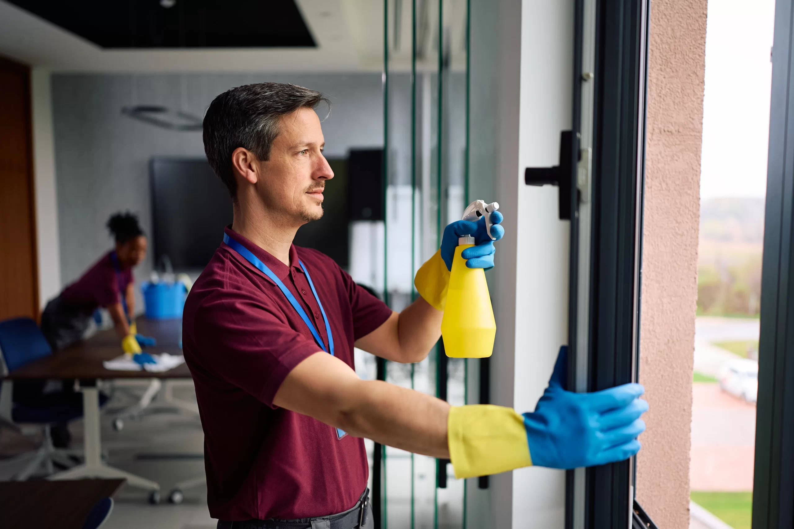 Commercial cleaner using spray bottle to clean office windows. Copy space. maids my way belleville illinois